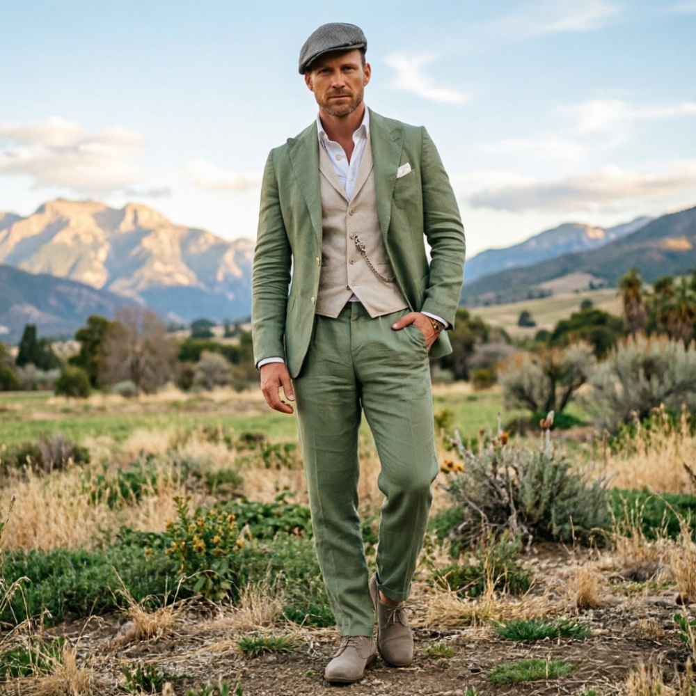 Men Formal Wear Green - بدلة رجالية من الكتان باللون الأخضر