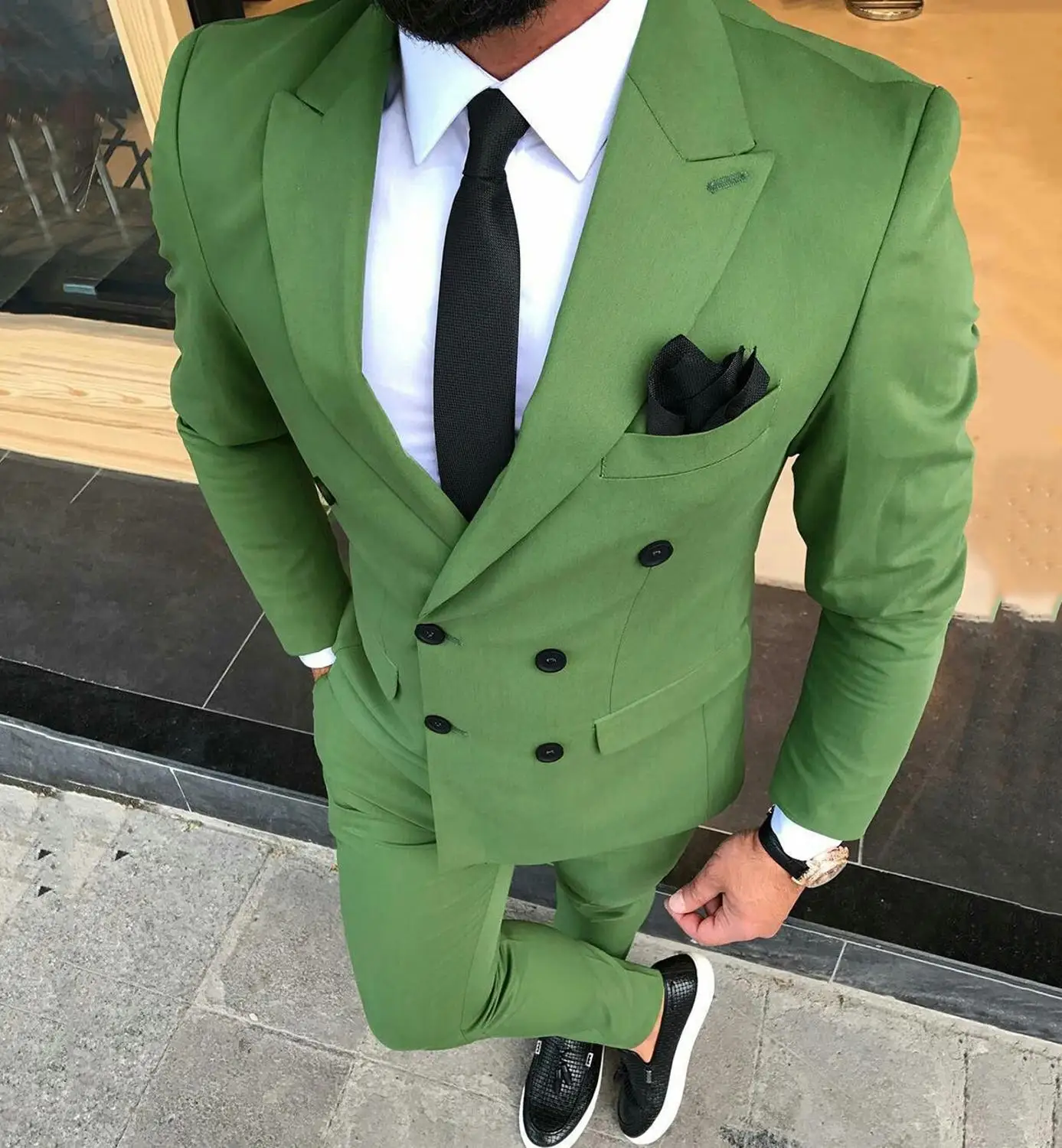 Men Formal Wear Green - بدلة رجالية مزدوجة الصدر باللون الزيتوني،